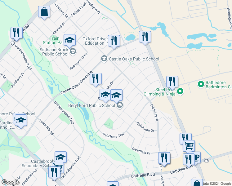 map of restaurants, bars, coffee shops, grocery stores, and more near 46 Goldsboro Road in Brampton