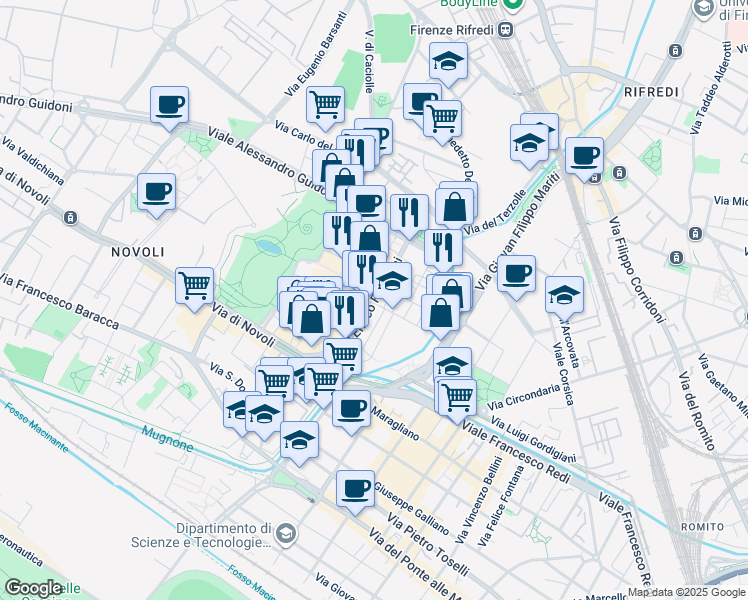map of restaurants, bars, coffee shops, grocery stores, and more near in Florence
