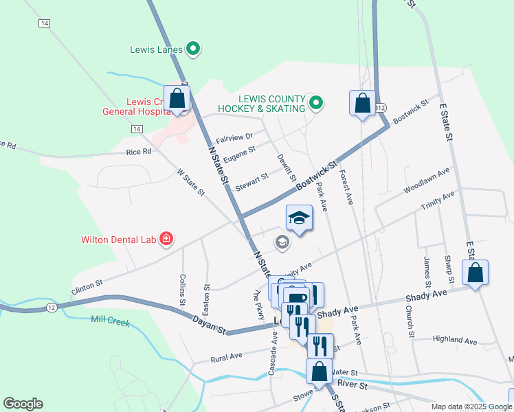 map of restaurants, bars, coffee shops, grocery stores, and more near 5383 Bostwick Street in Lowville