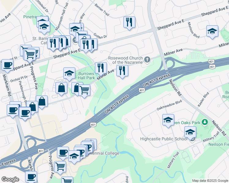 map of restaurants, bars, coffee shops, grocery stores, and more near 601 Milner Avenue in Toronto