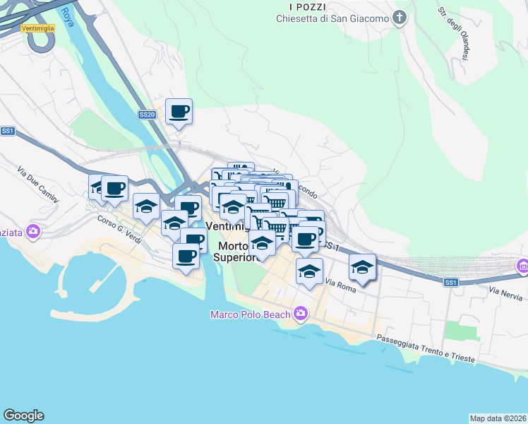 map of restaurants, bars, coffee shops, grocery stores, and more near 45 Via Camillo Benso Conte di Cavour in Ventimiglia