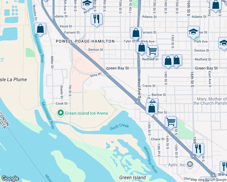 map of restaurants, bars, coffee shops, grocery stores, and more near 2130 South Avenue in La Crosse