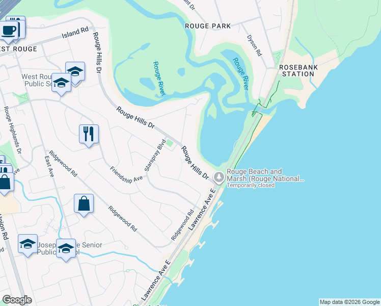 map of restaurants, bars, coffee shops, grocery stores, and more near 245 Rouge Hills Drive in Toronto