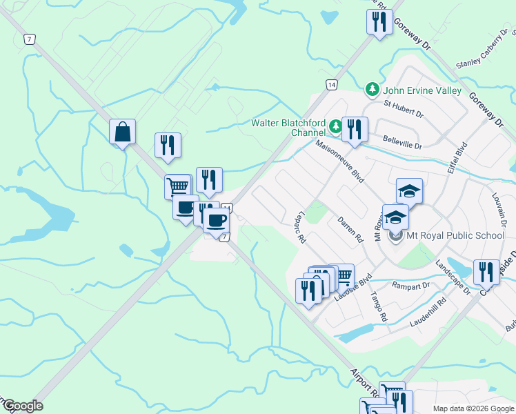 map of restaurants, bars, coffee shops, grocery stores, and more near 34 Royal Links Circle in Brampton