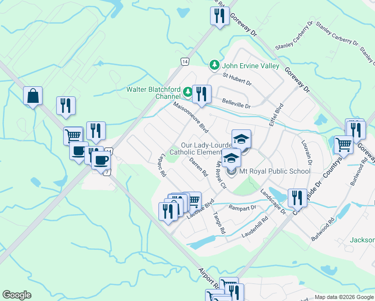 map of restaurants, bars, coffee shops, grocery stores, and more near 43 Regis Circle in Brampton