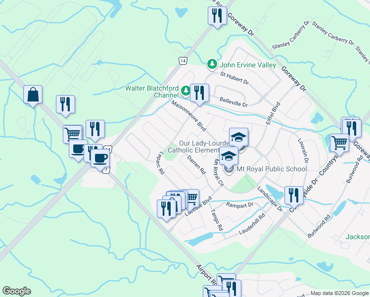 map of restaurants, bars, coffee shops, grocery stores, and more near 11 Darren Road in Brampton