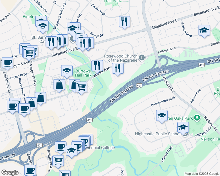 map of restaurants, bars, coffee shops, grocery stores, and more near 601 Milner Avenue in Toronto