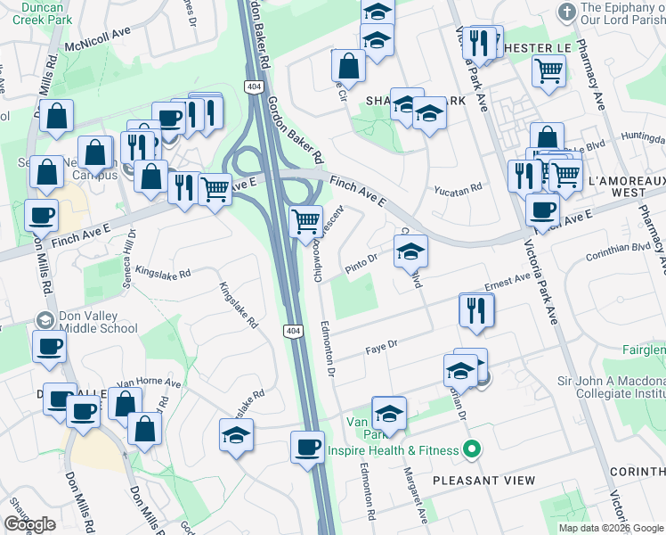 map of restaurants, bars, coffee shops, grocery stores, and more near 163 Chipwood Crescent in Toronto