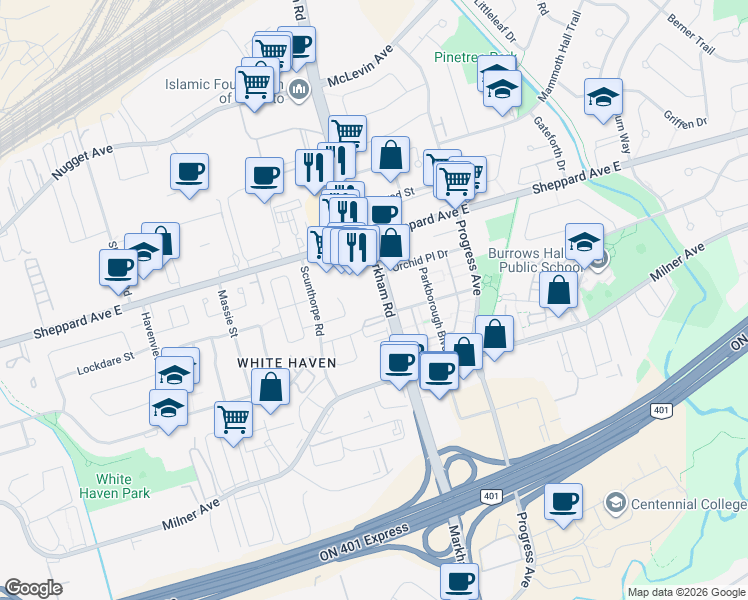 map of restaurants, bars, coffee shops, grocery stores, and more near 39 Kimbercroft Court in Toronto