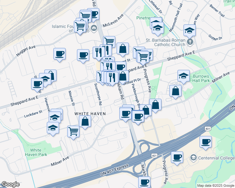 map of restaurants, bars, coffee shops, grocery stores, and more near 39 Kimbercroft Court in Toronto