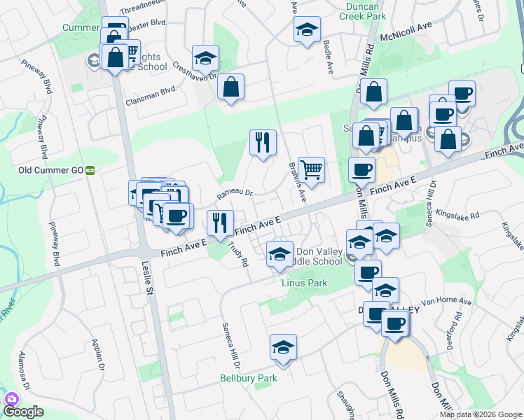 map of restaurants, bars, coffee shops, grocery stores, and more near 87 Rameau Drive in Toronto