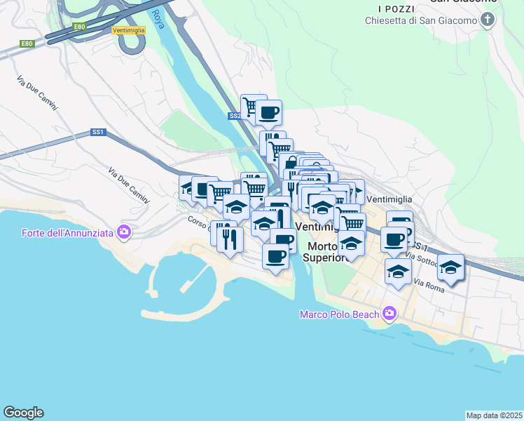 map of restaurants, bars, coffee shops, grocery stores, and more near 2 Piazza della Costituente in Ventimiglia