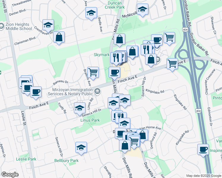 map of restaurants, bars, coffee shops, grocery stores, and more near 3300 Don Mills Road in Toronto