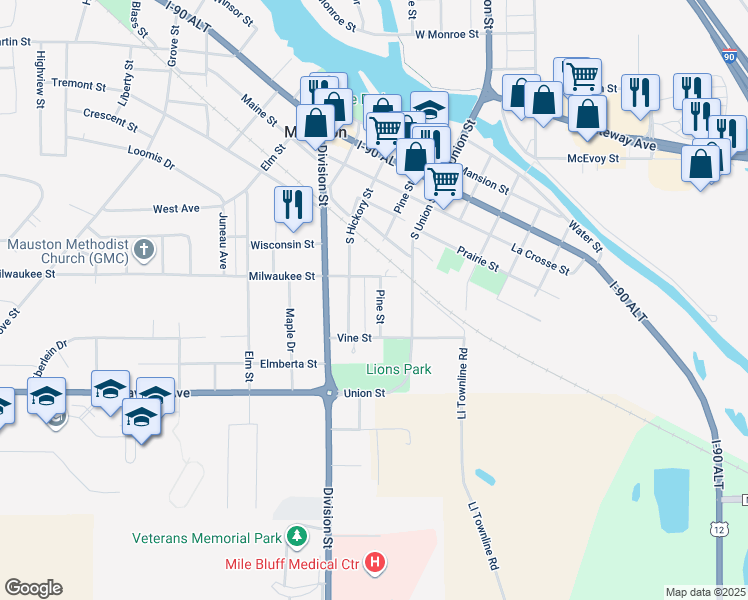 map of restaurants, bars, coffee shops, grocery stores, and more near 511 Pine Street in Mauston