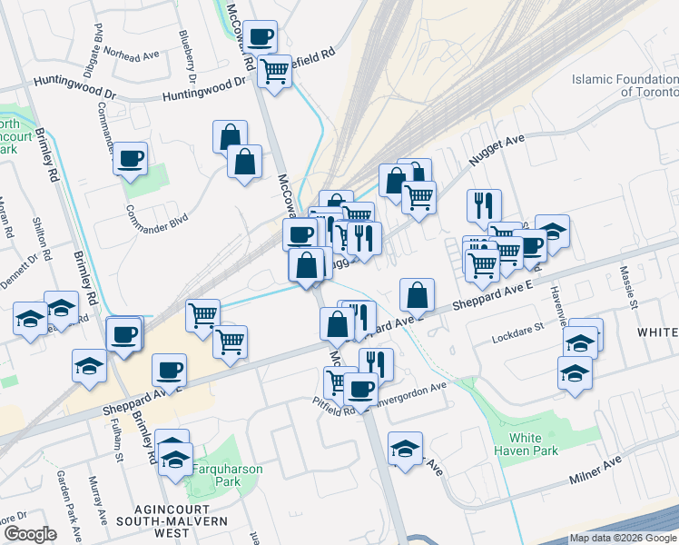 map of restaurants, bars, coffee shops, grocery stores, and more near 55 Nugget Avenue in Toronto