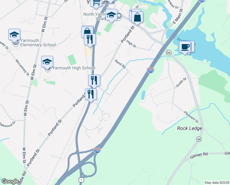map of restaurants, bars, coffee shops, grocery stores, and more near 109 Rand Road in Yarmouth