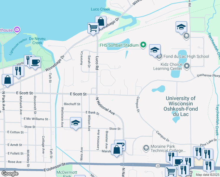 map of restaurants, bars, coffee shops, grocery stores, and more near 517 Luco Road in Fond du Lac