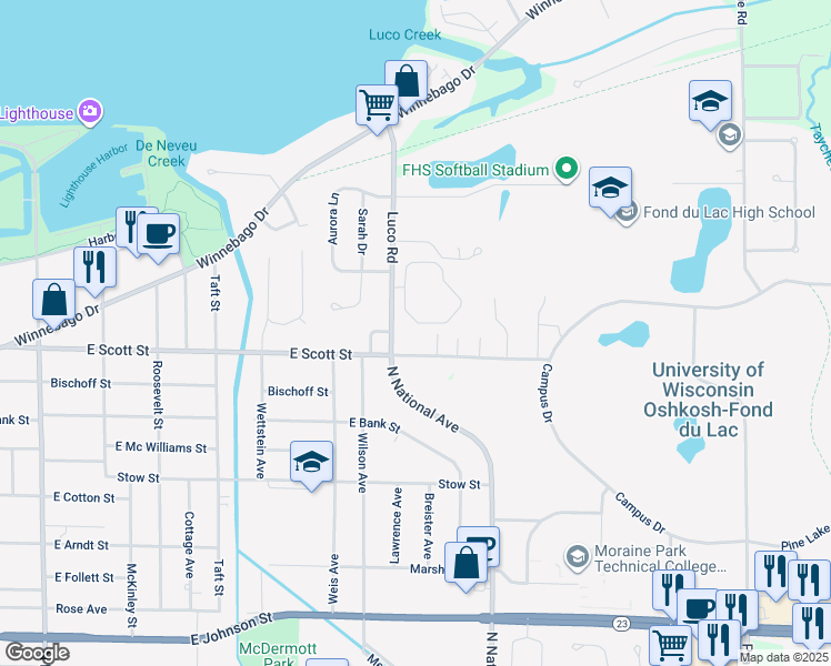 map of restaurants, bars, coffee shops, grocery stores, and more near 517 Luco Road in Fond du Lac