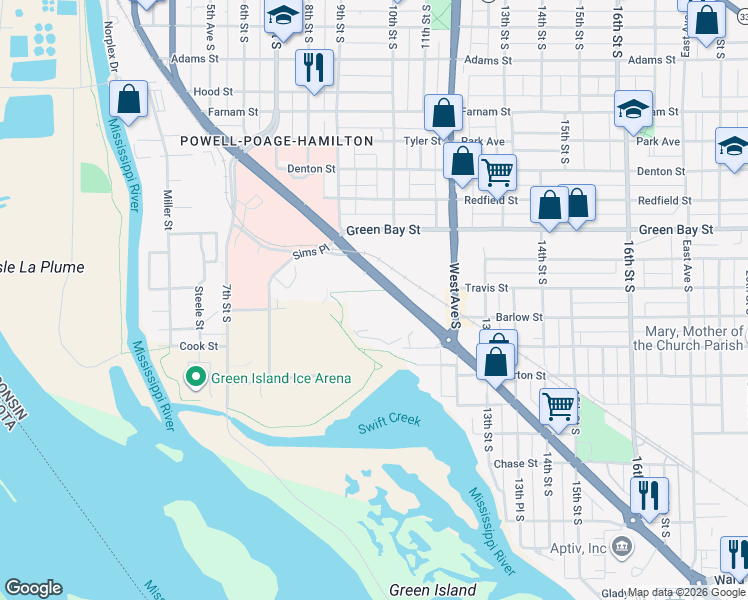 map of restaurants, bars, coffee shops, grocery stores, and more near 2130 South Avenue in La Crosse