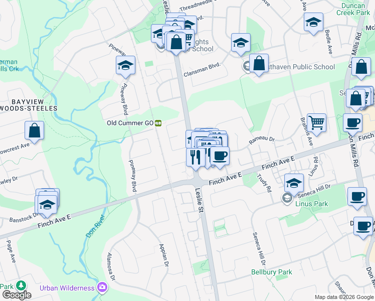 map of restaurants, bars, coffee shops, grocery stores, and more near 2 Greyhound Drive in Toronto