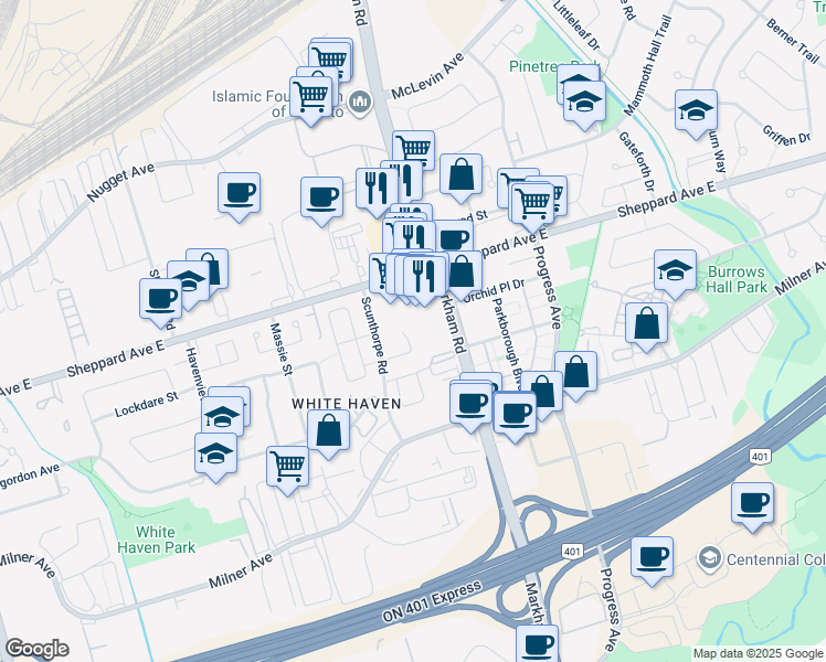 map of restaurants, bars, coffee shops, grocery stores, and more near 43 Crown Acres Court in Toronto