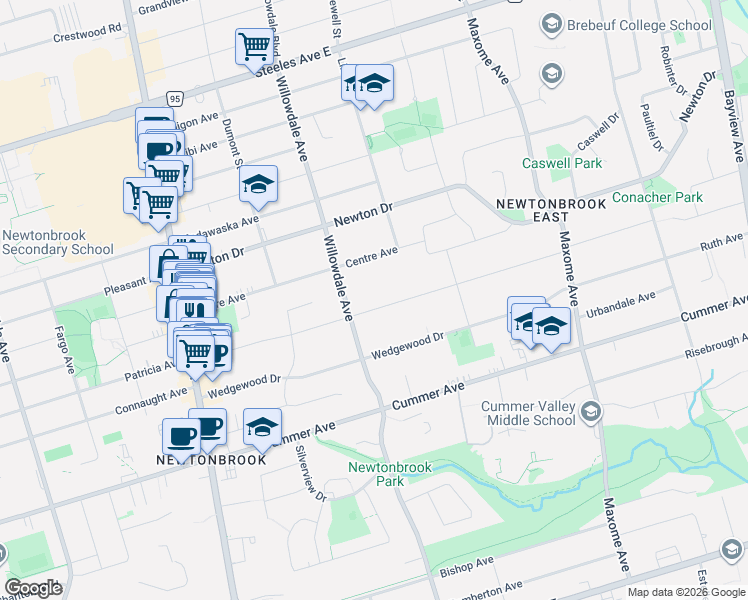 map of restaurants, bars, coffee shops, grocery stores, and more near 52 Northwood Drive in Toronto