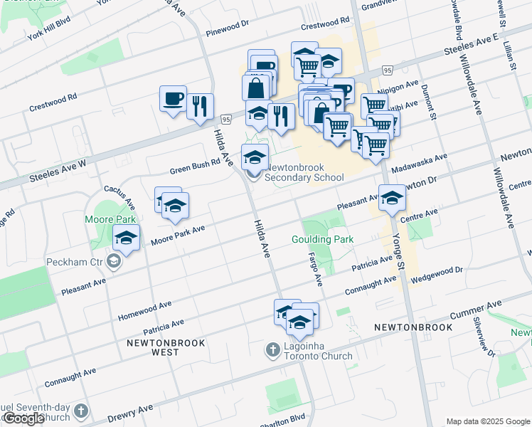 map of restaurants, bars, coffee shops, grocery stores, and more near 133 Moore Park Avenue in Toronto