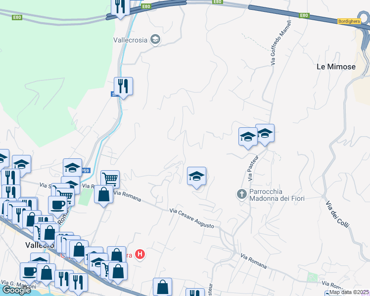 map of restaurants, bars, coffee shops, grocery stores, and more near 16 Via Conca Verde in Imperia