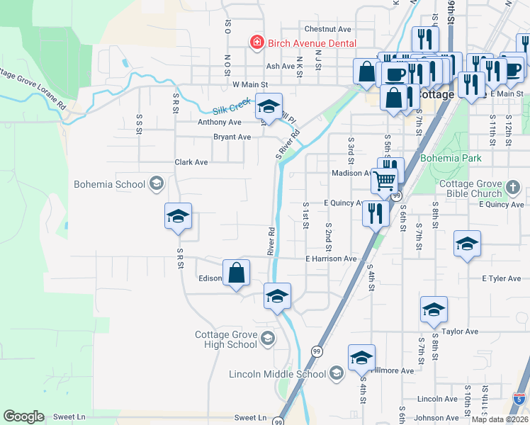 map of restaurants, bars, coffee shops, grocery stores, and more near 723 South River Road in Cottage Grove