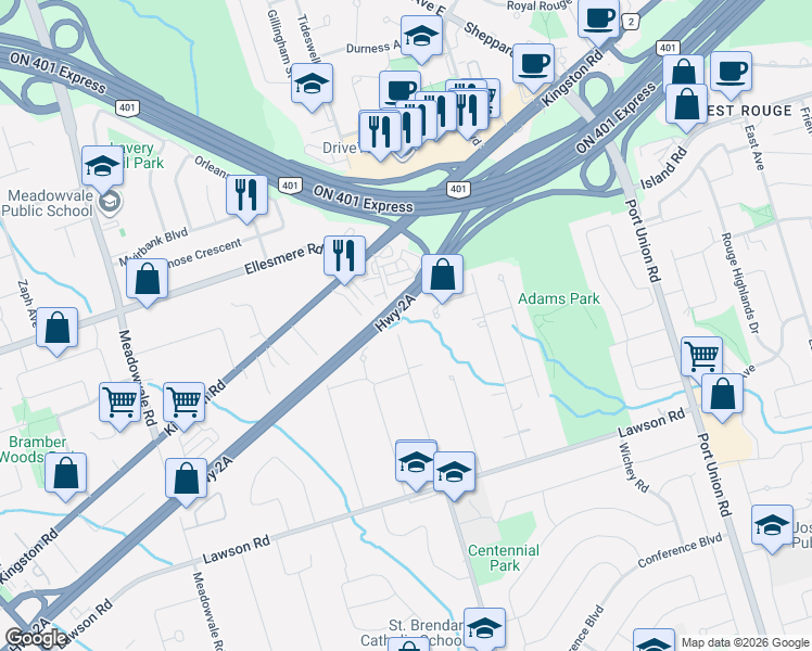 map of restaurants, bars, coffee shops, grocery stores, and more near 385 Centennial Road in Toronto