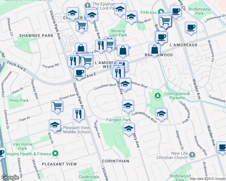 map of restaurants, bars, coffee shops, grocery stores, and more near 50 Brantford Drive in Toronto