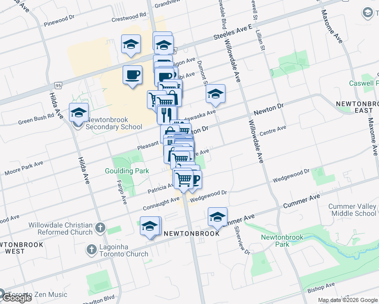 map of restaurants, bars, coffee shops, grocery stores, and more near 12 Centre Avenue in Toronto