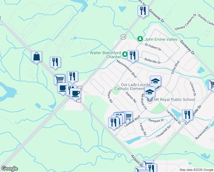 map of restaurants, bars, coffee shops, grocery stores, and more near 66 Carmel Crescent in Brampton