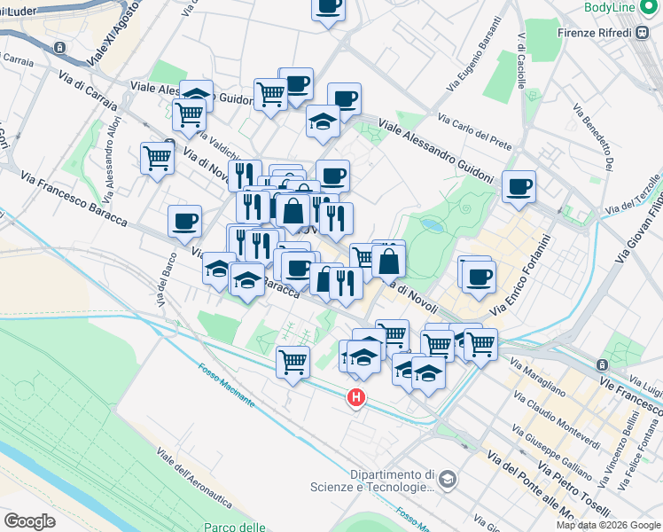 map of restaurants, bars, coffee shops, grocery stores, and more near 7 Via Mario Ulivelli in Florence