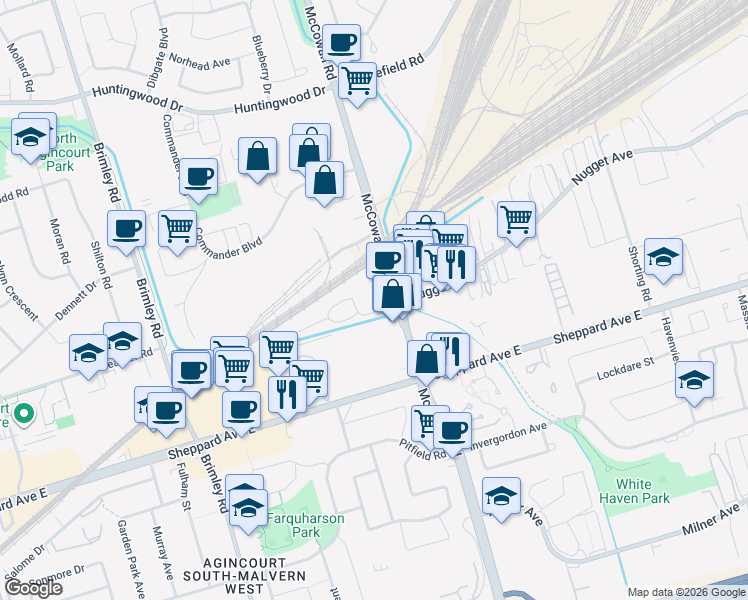 map of restaurants, bars, coffee shops, grocery stores, and more near 1936 McCowan Road in Toronto