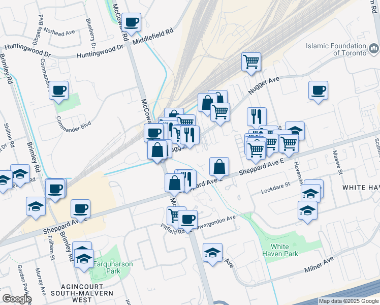 map of restaurants, bars, coffee shops, grocery stores, and more near 69 Nugget Avenue in Toronto