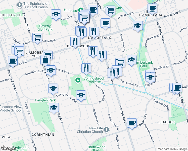 map of restaurants, bars, coffee shops, grocery stores, and more near in Toronto
