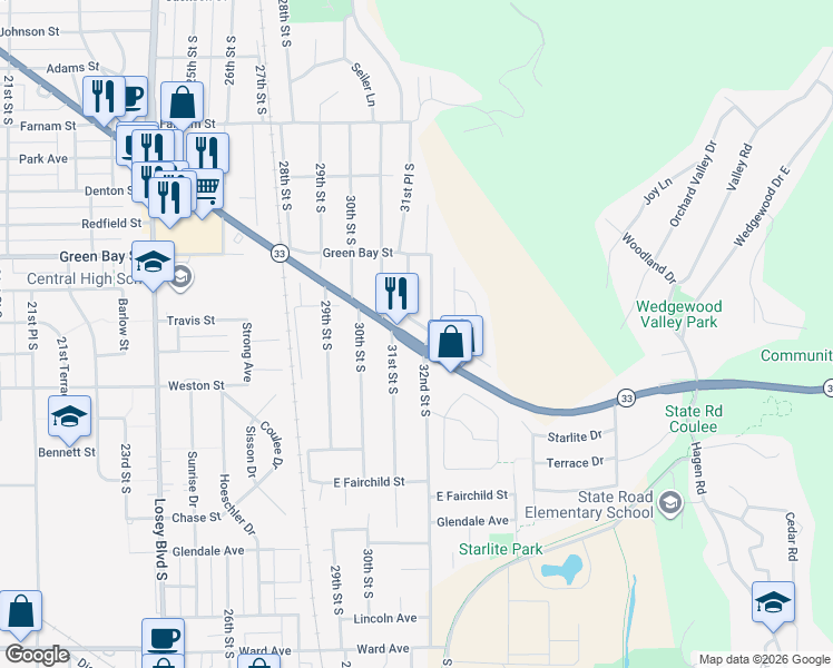 map of restaurants, bars, coffee shops, grocery stores, and more near 1837 Sunset Drive in La Crosse