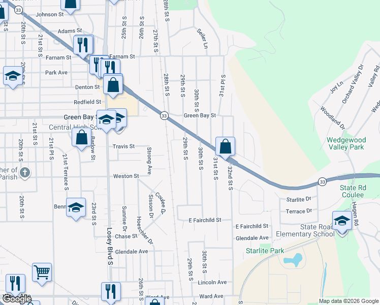 map of restaurants, bars, coffee shops, grocery stores, and more near 1908 29th Street South in La Crosse