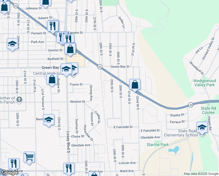 map of restaurants, bars, coffee shops, grocery stores, and more near 1908 29th Street South in La Crosse