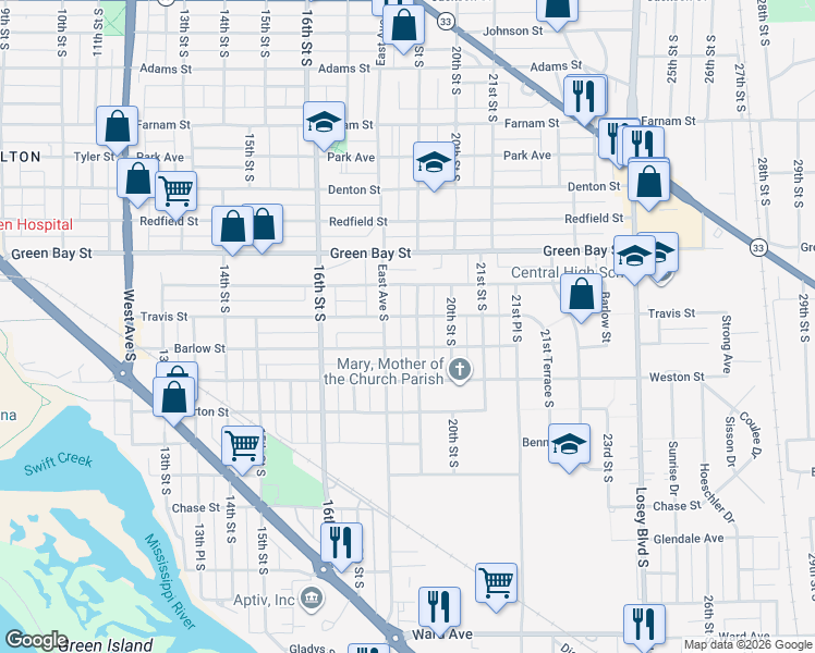 map of restaurants, bars, coffee shops, grocery stores, and more near 1825 Travis Street in La Crosse