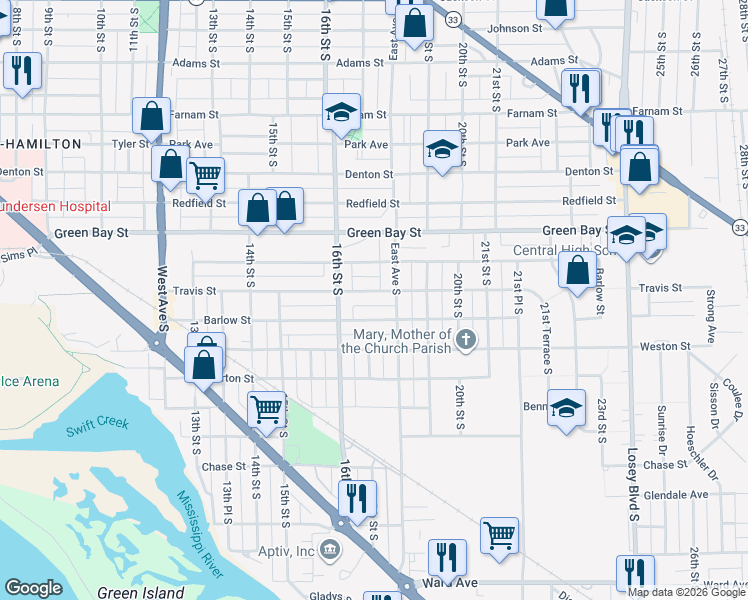 map of restaurants, bars, coffee shops, grocery stores, and more near 1649 Travis Street in La Crosse
