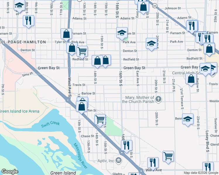 map of restaurants, bars, coffee shops, grocery stores, and more near 1507 Travis Street in La Crosse