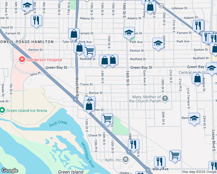 map of restaurants, bars, coffee shops, grocery stores, and more near 1507 Travis Street in La Crosse