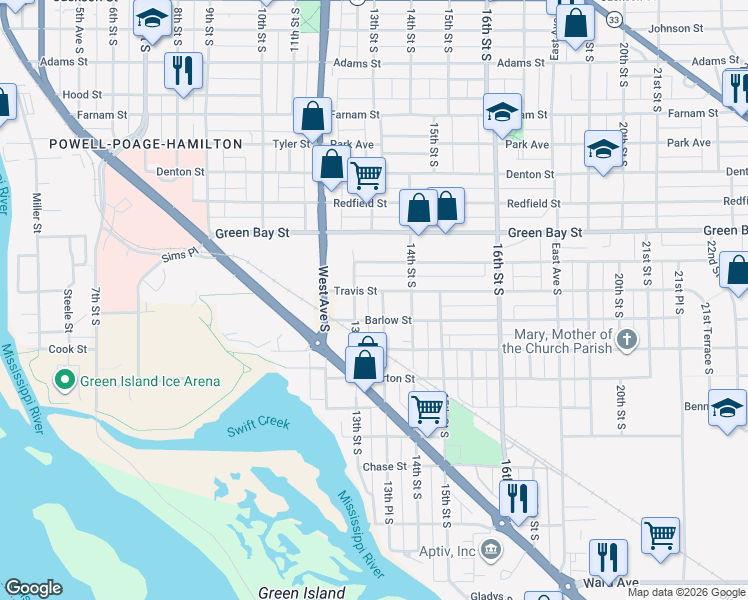map of restaurants, bars, coffee shops, grocery stores, and more near 1323 Travis Street in La Crosse