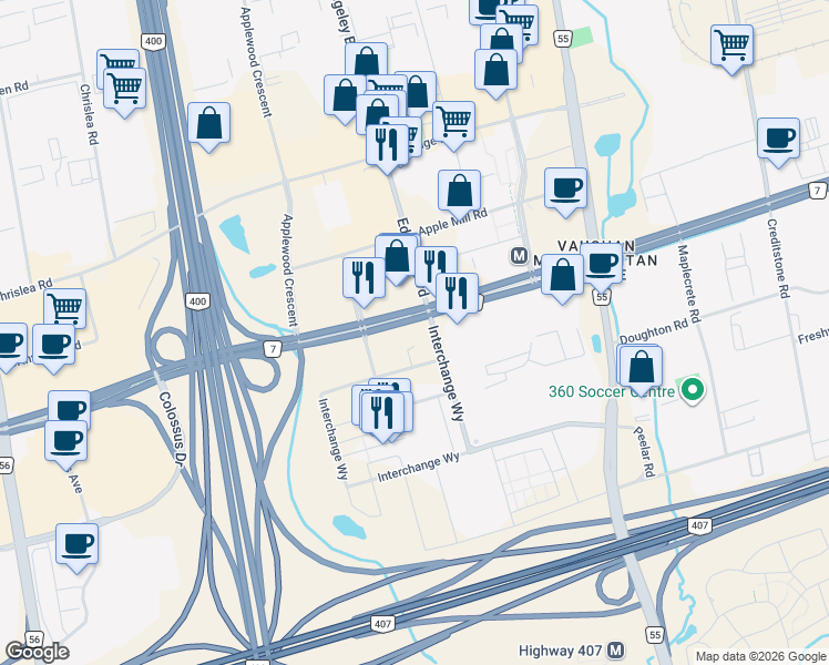 map of restaurants, bars, coffee shops, grocery stores, and more near 28 Interchange Way in Vaughan