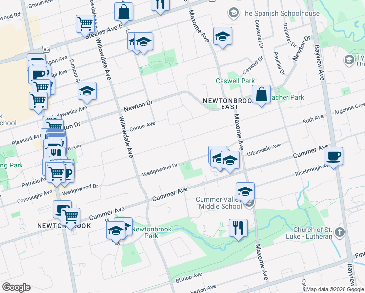map of restaurants, bars, coffee shops, grocery stores, and more near 38 Pheasant Road in Toronto