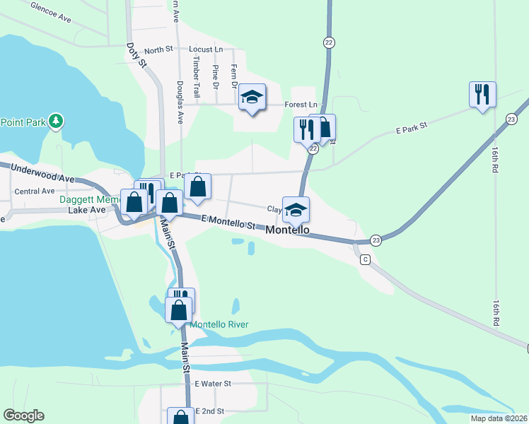 map of restaurants, bars, coffee shops, grocery stores, and more near 230 Clay Street in Montello