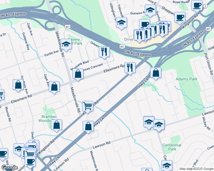 map of restaurants, bars, coffee shops, grocery stores, and more near Hearth Place in Toronto