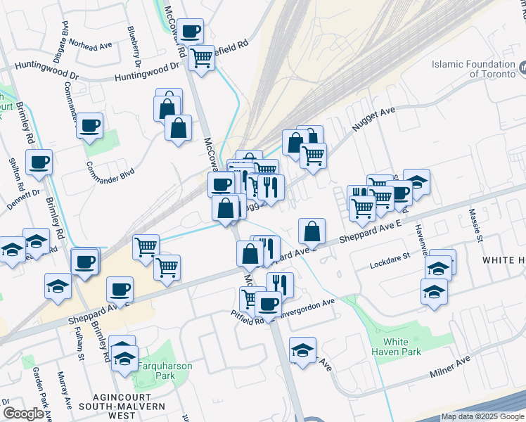 map of restaurants, bars, coffee shops, grocery stores, and more near in Toronto